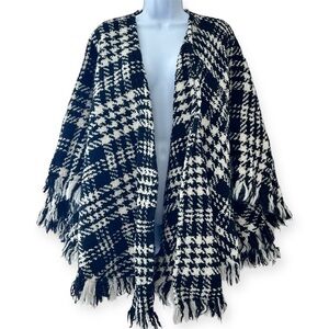 WEAVE O’ THE IRISH Vtg 100% Wool Hand Knit Tartan Plaid Open Front Cape Poncho
